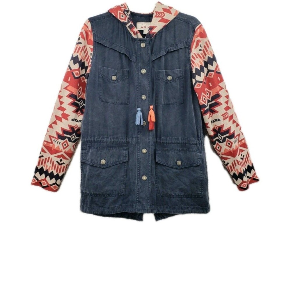 Ariat Harmony Jacket Size L Washed Navy Aztec Contast Sleeve Hooded Southwestern